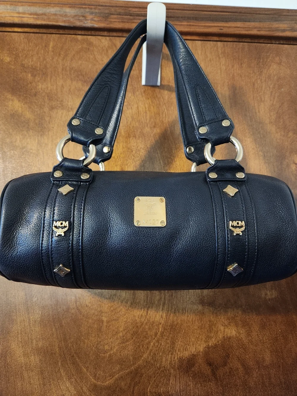 MCM Black Leather Barrel Bag with Gold Hardware
